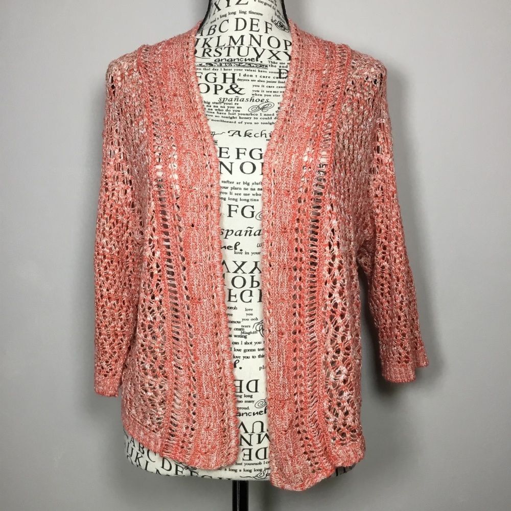 Coral white crochet open front cardigan duster boho chic hippie beach size M